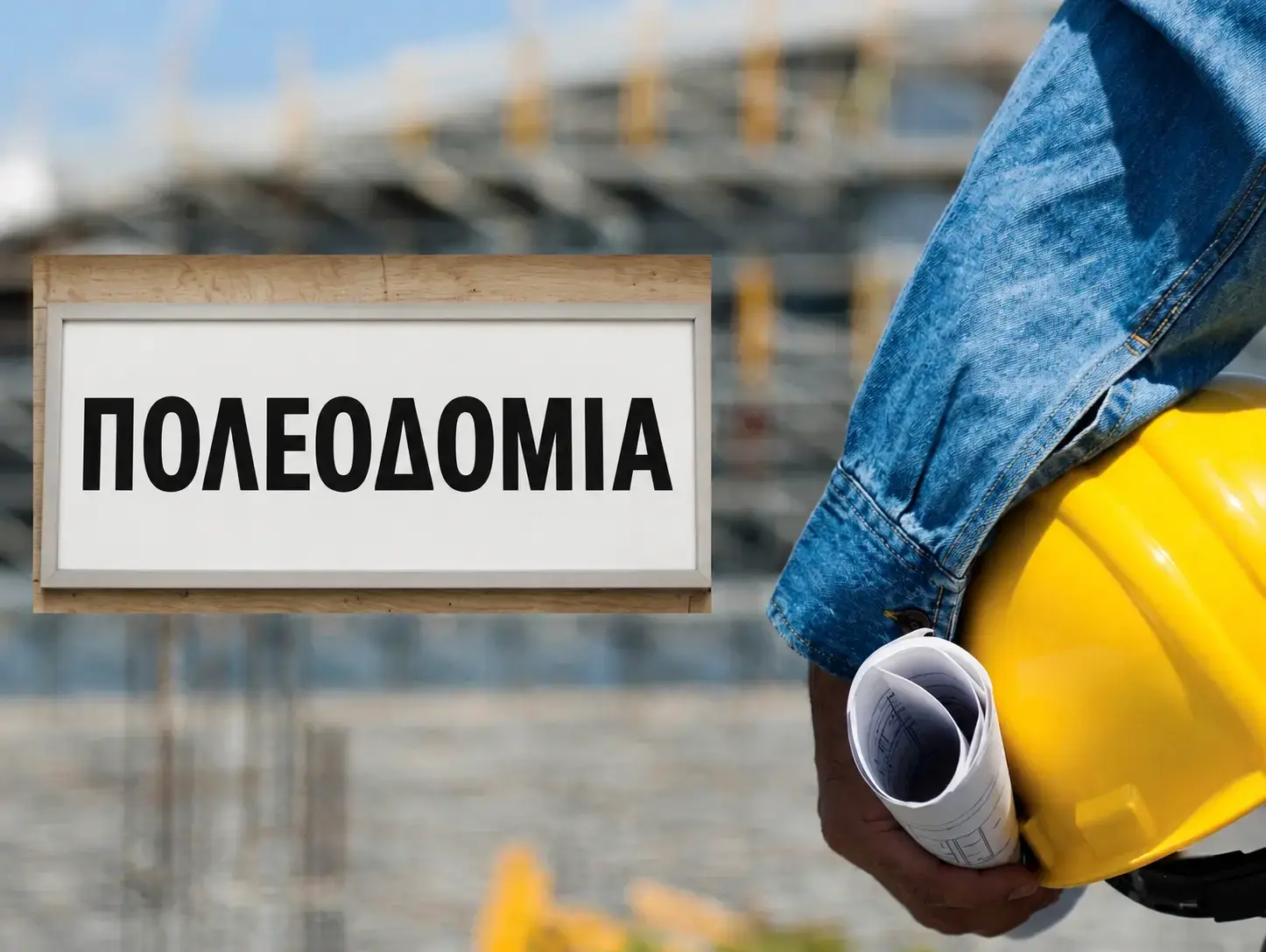 Πινακίδα Πολεοδομία και μηχανικός με σχέδια και κίτρινο κράνος, σε άρθρο για σκάνδαλο με πολεοδομικές άδειες.